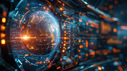 Obraz premium Abstract technology background. Blue and orange glowing sphere in futuristic sci-fi concept.