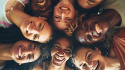 Close-up of diverse friends in a circle looking down at the camera.
