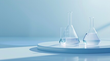 Minimal concept with lab equipment  erlenmeyer flasks boiling flasks and petri dish containing liquid Transparent podium and ribbed acrylic sheets on blue background Space for display  : Generative AI