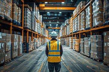 Warehouse worker, checking packages on shelves, logistic employee ensuring proper storage, working in shipping and distribution.