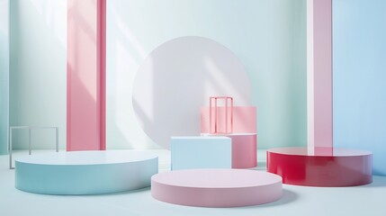 Abstract background trendy composition with geometric shapes forms podium platform on white background : Generative AI