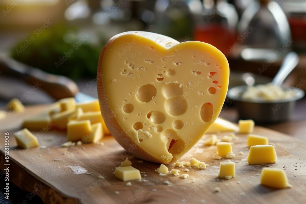 Sticker A romantic heartshaped swiss cheese with holes on a rustic kitchen background