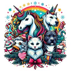 Many animals include dogs cats unicorns with rainbow colors art realistic photo photo lively illustrator.