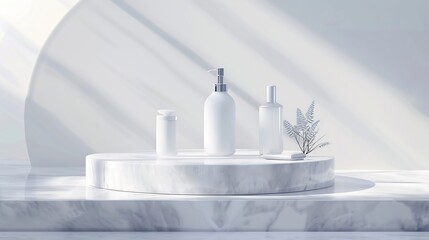 Marble white round podium for bathing products in bathroom spa shampoo shower gel liquid soap Place background for cosmetics Front view Copy space : Generative AI