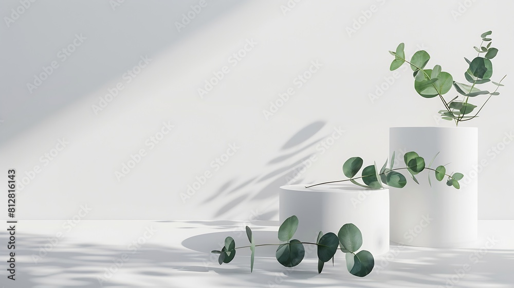 Poster two empty white cylinder shaped podium and natural green eucalyptus branch with shadows on light gre