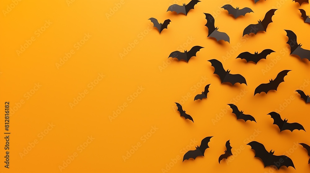 Poster halloween card with black bats on orange background banner for congratulations or invitation flat la