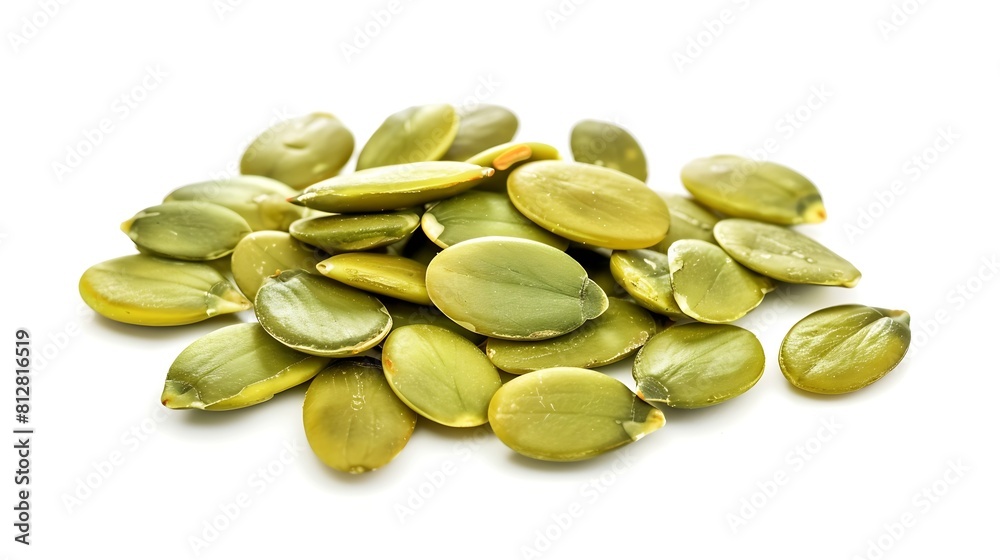 Poster Green pumpkin seeds isolated on white background Scattered seed Package design element with clipping path : Generative AI