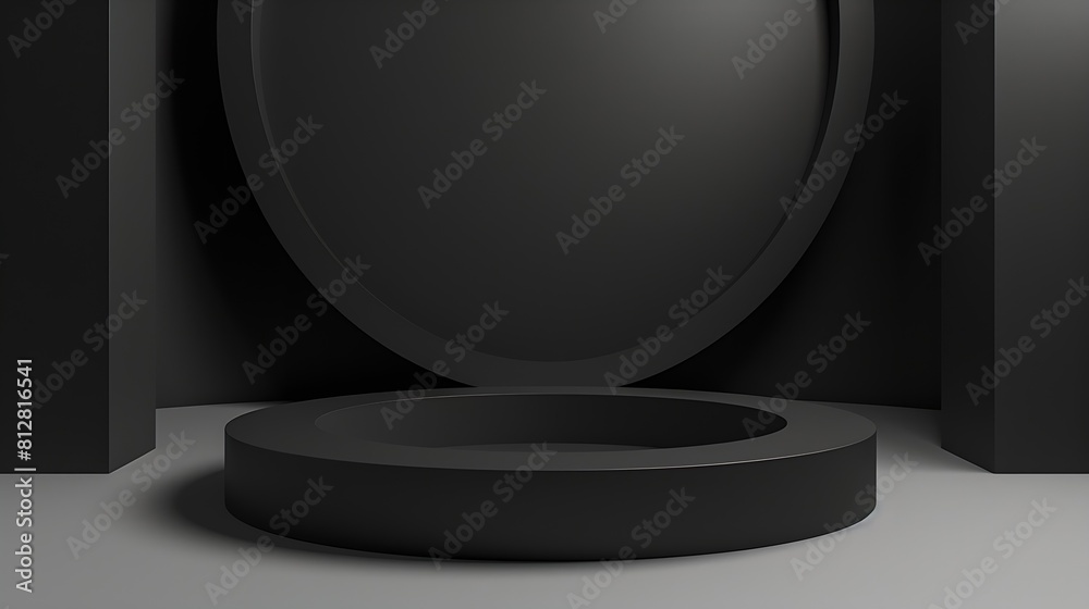 Fototapete empty round geometric shape cylinder podium platform on paper cut abstract pure black minimal geomet