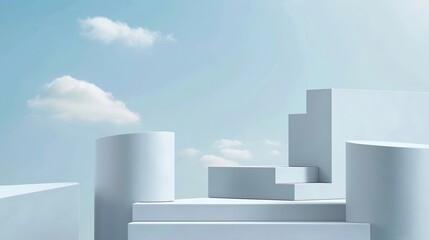 Against the blue sky background gray podiums in cylinder and roundshaped are arranged with a staircase Empty space for cosmetic products presentation : Generative AI