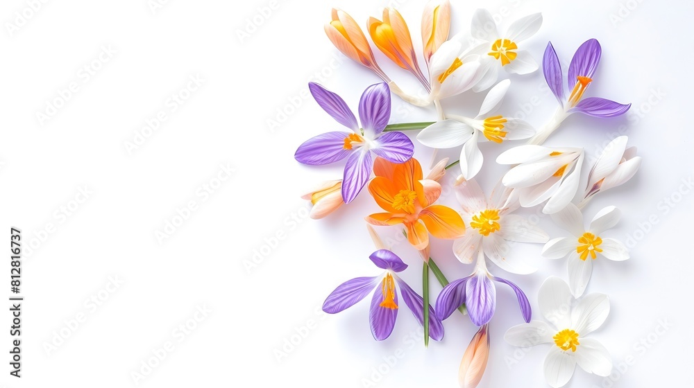 Poster Snowdrop and crocus spring first flowers bouquet isolated on white background Hello spring Creative layout Top view flat lay Design element Springtime greeting card Easter holiday conc : Generative AI