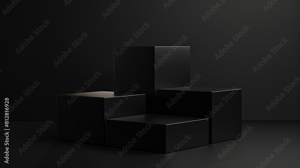 Aufkleber three black square stands of different heights on black background platforms for presentation of pro