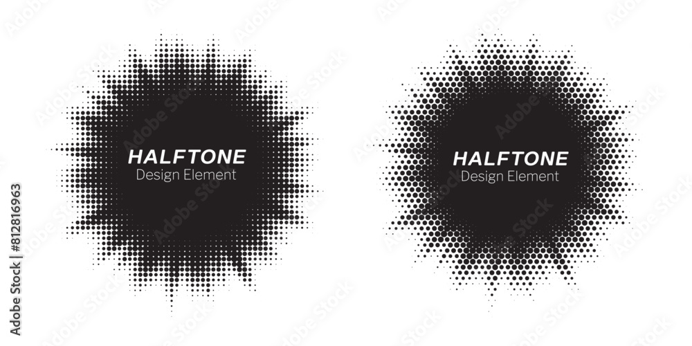 Poster Halftone Background. Glowing light Halftone effect. Abstract grunge Starburst halftone dots background set. Star Flare, Shine light halftone texture. Retro background, pop art style.