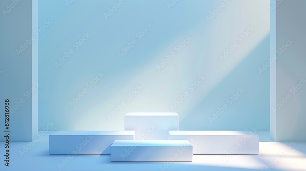 Poster abstract surreal scene empty stage with three rectangle white podiums on pastel blue holographic col
