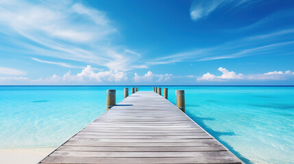Fototapeta premium Long Wooden Pier Reaches Out into Tranquil Blue Sea