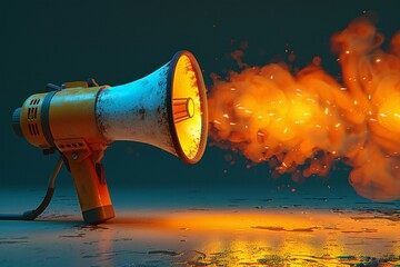 Megaphone with fire and smoke on a dark background,   illustration
