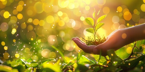 Harmony with the earth: Hand nurturing a plant in a verdant green grass field. Sustenance and growth concept.