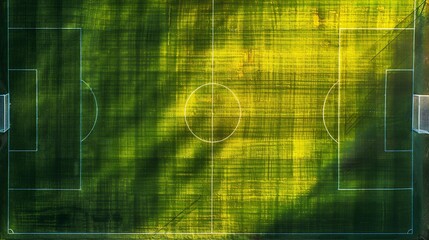 Obraz premium Aerial top down drone photo of green football pitch empty to be used for soccer game : Generative AI