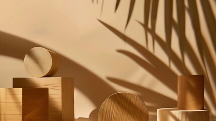 Wooden scenes of different geometric shapes with a shadow of tropical palm leaves on a beige background Premium podium for advertising your product Showcase display case : Generative AI