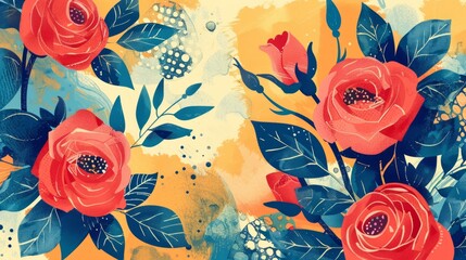 Roses and structured patterns converge in a lively, colorful artwork