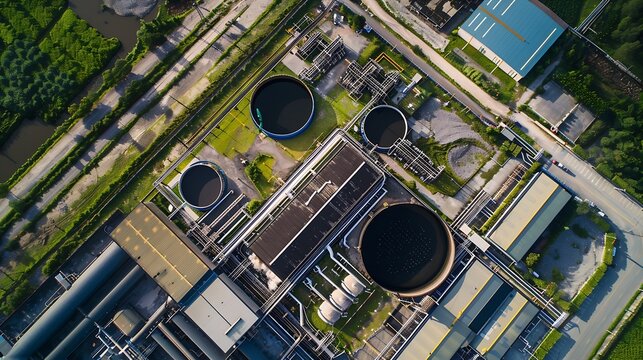 Aerial top view photo from flying drone of Power plant  Municipal Solid Waste Treatment Plant RDF Refuse Derived Fuel roof plan layout site : Generative AI