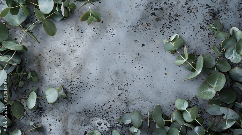 Poster Eucalyptus leaves on stone table Frame made of eucalyptus branches Flat lay top view copy space : Generative AI