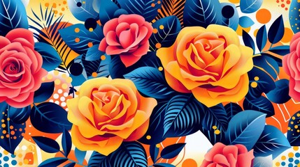 Roses and structured patterns converge in a lively, colorful artwork