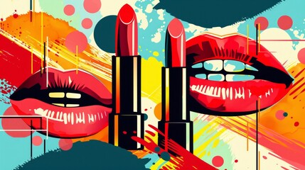 Striking lipstick illustrations against abstract pop art backgrounds perfect for fashion and beauty campaigns