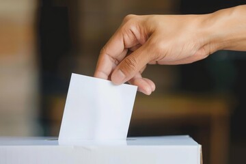 A hand inserting a white blank piece of paper into a ballot box, symbolizing the act of voting. The importance and privacy of the voting process