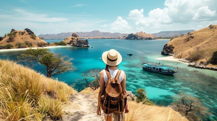 A young female traveller and explorer is hiking the hill in Komodo Islands Indonesia overlooking g crystal turquoise lagoons sea ocean boat and hills on the horizon on a hot summer day : Generative AI - Powered by Adobe