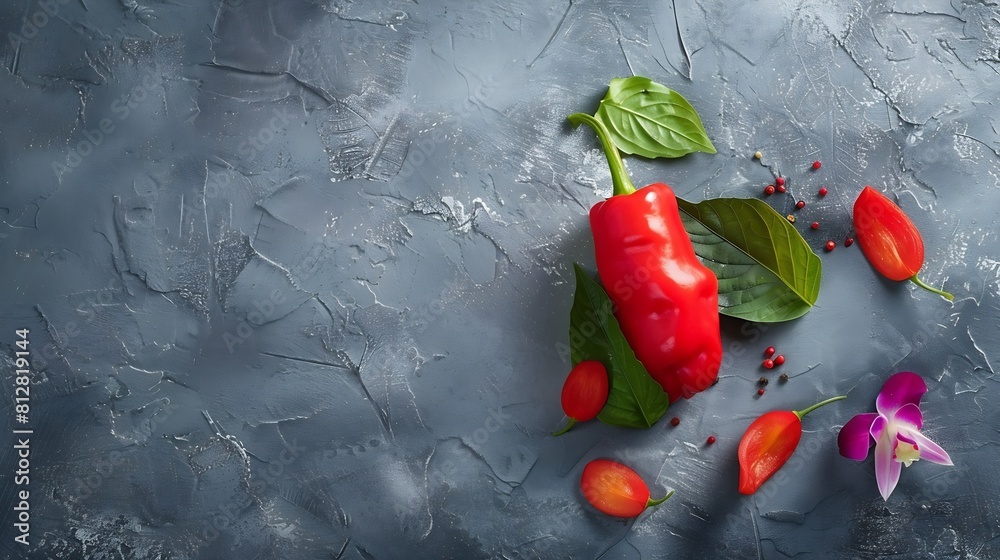 Aufkleber red pepper with leaf and flower color card on gray background food healthy eating and dieting concep