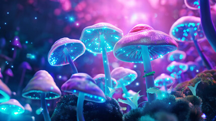 Mushrooms Fantasy Glowing in Mystery Dark Forest  Beautiful Border art design. Magic light Colorful Neon night light