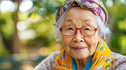 Portrait of elderly cheerful woman wearing a colorful dress and accessories fashion Smiling and peacefully sitting and against background of autumn forest outdoors