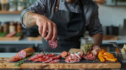 An attractive man in an apron is putting salami on the charcuterie board