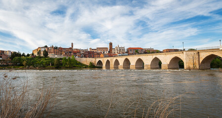 Fototapeta premium Panorama view of the medieval bridge and city of Tordesillas in Valladolid by the Douro River.