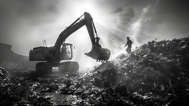 Excavator handling garbage indoors.