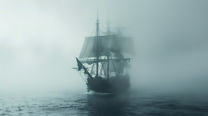 Mysterious Sea Adventure: An Ancient Ship in Foggy Waters