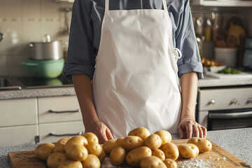 Woman in White Apron Busy Cooking Potato in Modern Kitchen