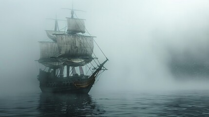 Foggy Ocean Adventure: Vintage Sailing Ship in the Fog