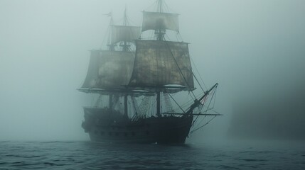 Fototapeta premium Epic Maritime Voyage: The Golden Age of Sailing Ships in a Foggy Sea