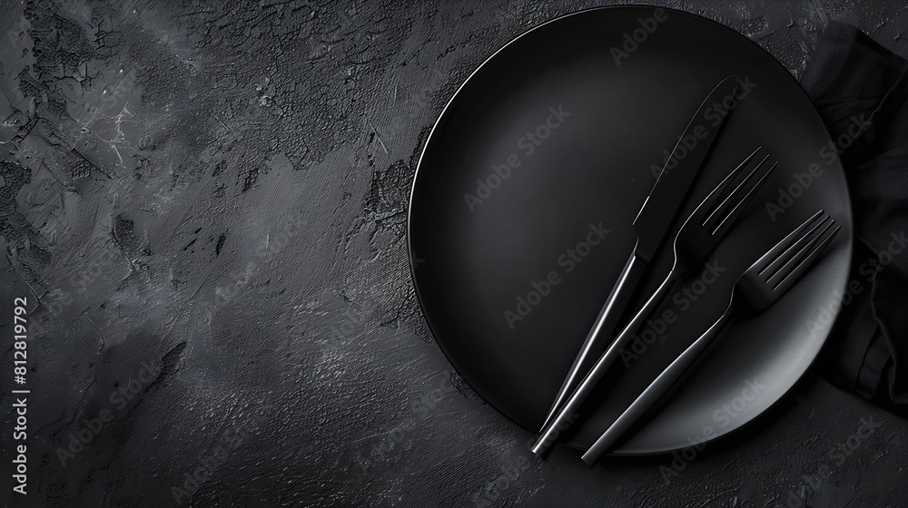 Poster black empty plate and cutlery fork and knife on a dark textured background The concept of a layout for the design of a restaurant menu website or design Vertical layout of food photos : Generative AI
