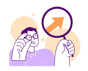 Analyzing man with magnifying glass looking at arrow