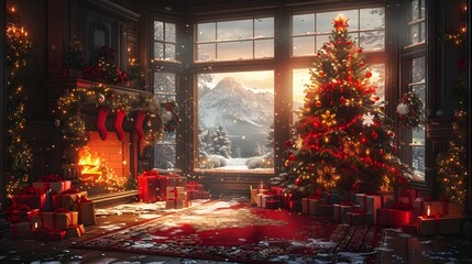Cozy Christmas Interior with Decorated Tree and Crackling Fireplace Soft Snowy Scene Visible Through Window