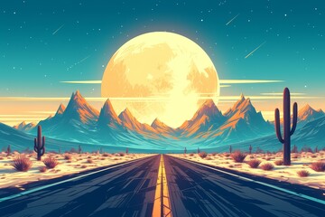 A retrofuturistic desert highway with mountains in the background, under an orange moon. The sky is clear and starry, creating a serene atmosphere.  - Powered by Adobe