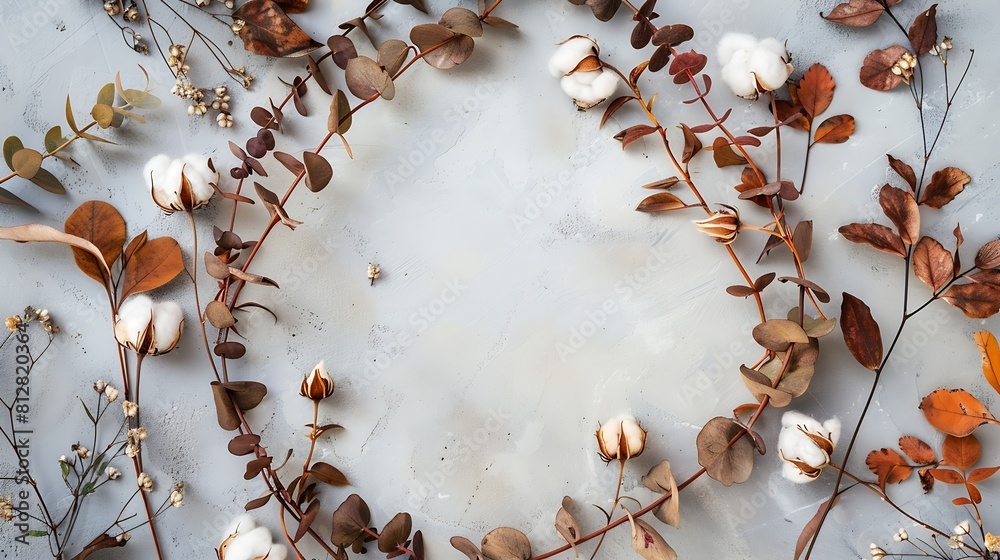 Poster autumn composition wreath made of eucalyptus branches cotton flowers dried leaves on pastel gray bac