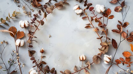 Autumn composition Wreath made of eucalyptus branches cotton flowers dried leaves on pastel gray background Autumn fall concept Flat lay top view square : Generative AI