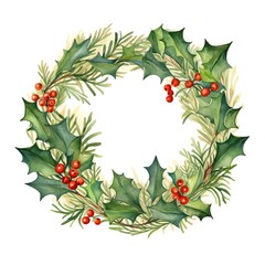 holiday wreath, holly berries and evergreens, water color style.