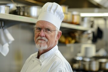 Portrait of a senior chef with a confident smile in a commercial kitchen environment