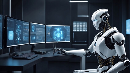 A strong artificial intelligence robot sitting at a desk with a computer monitor in data center background