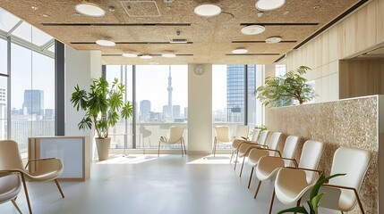 Bright and airy waiting area in a dental clinic with cork ceiling and minimalist chairs against large glass windows with city view : Generative AI - Powered by Adobe