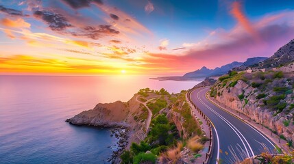 highway landscape at colorful sunset road view on mediterranean coast of spain coastal road landscape beautiful nature scenery car driving on mountain road by the sea summer vacation o : Generative AI